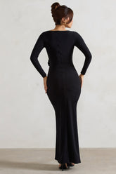 Black Long-Sleeve Wrap Maxi Dress With Corsages